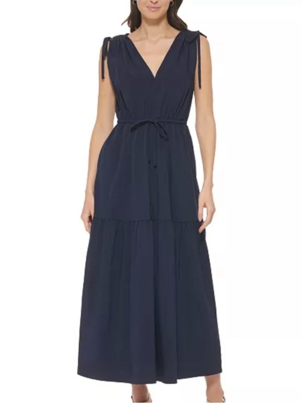 V-Neck Navy Maxi Dress with Tie Waist and Tiered Skirt size 10